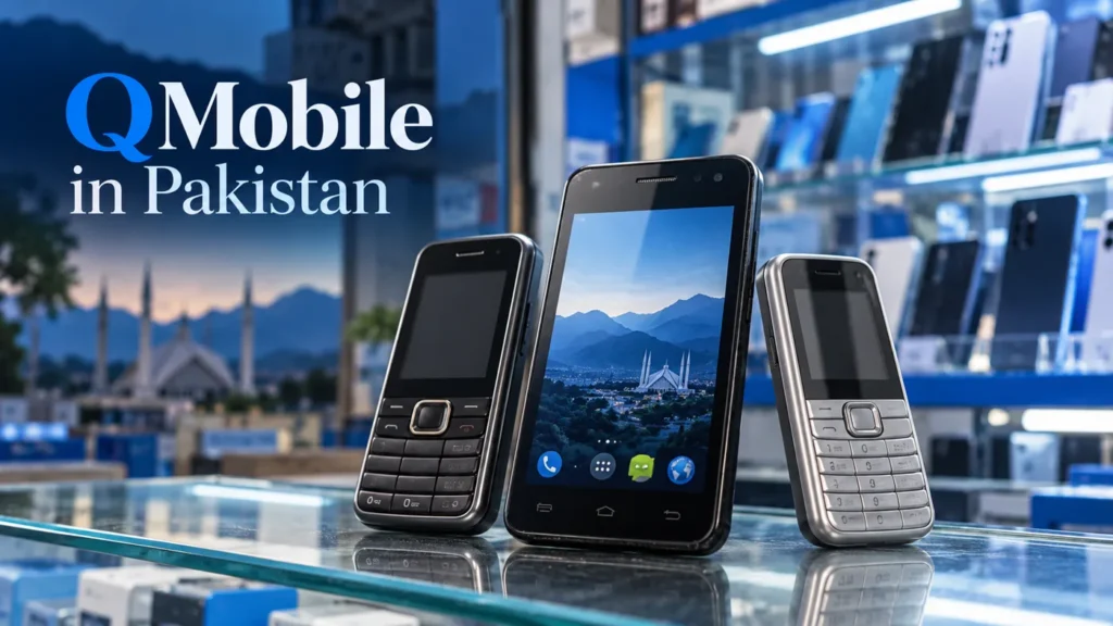 Conceptual illustration of touchscreen and keypad phones in a Pakistani mobile shop